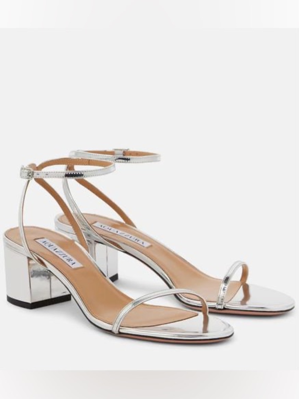 Aquazzura Olie 50 Silver Metallic Low Heel Leather Sandals NWT 40.5 IT